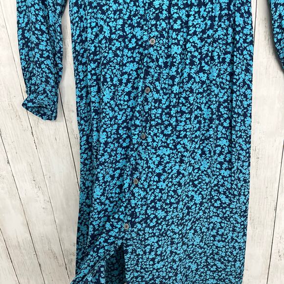 LOFT Blue Long Sleeve Lightweight Floral Button Front Flowy V Neck Shirt Dress 6 - Picture 3 of 9